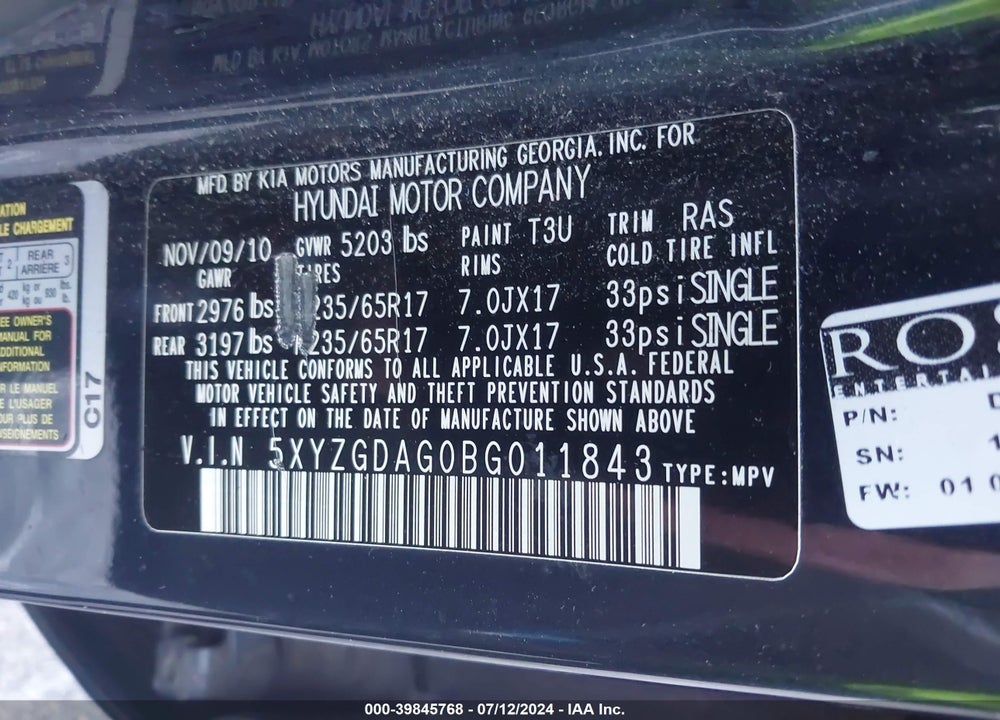 2011 HYUNDAI SANTA FE GLS V6 VIN: 5XYZGDAG0BG011843