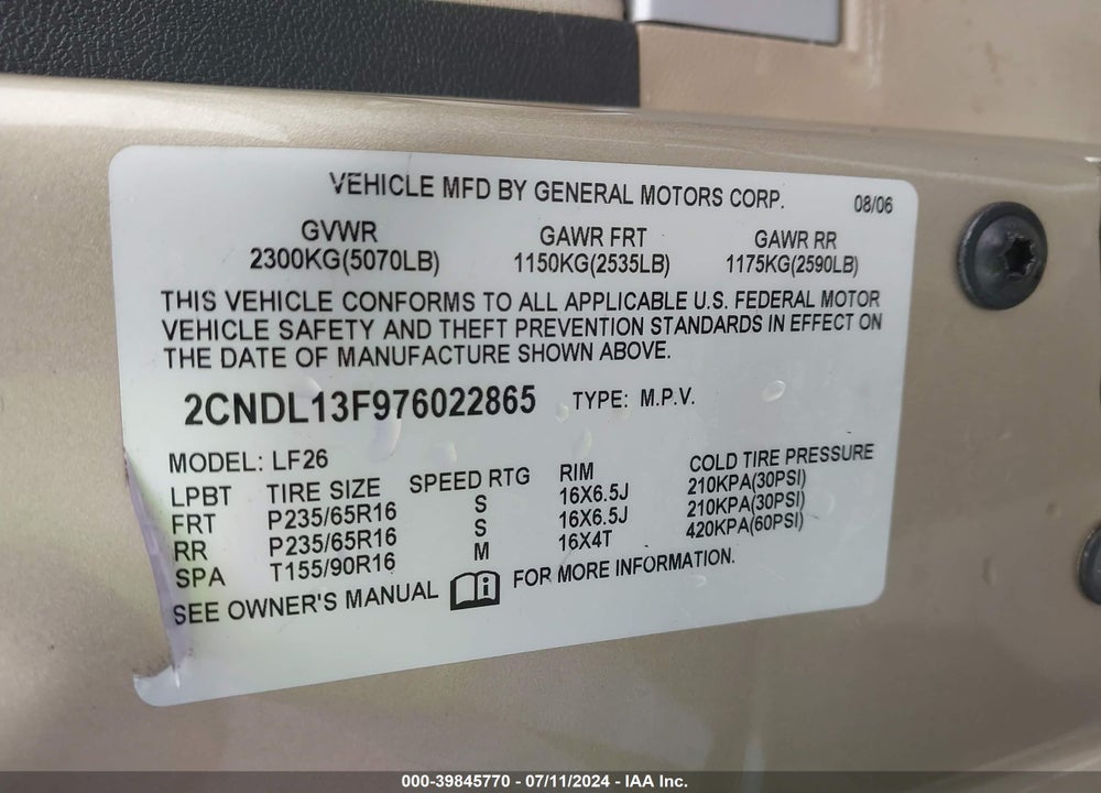 2007 CHEVROLET EQUINOX VIN: 2CNDL13F976022865