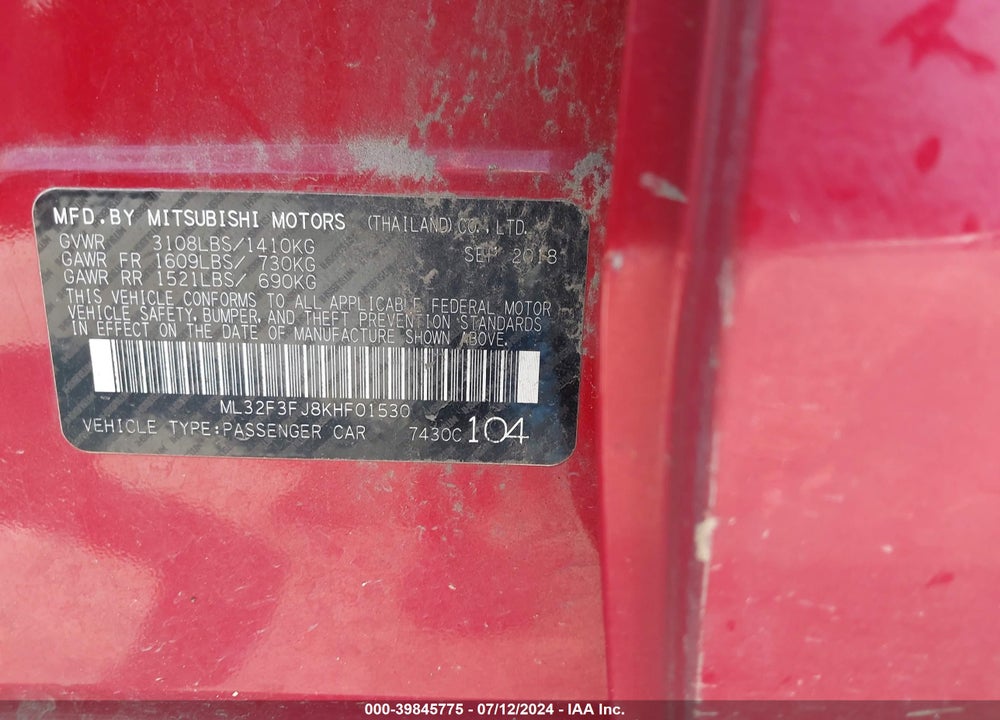 2019 MITSUBISHI MIRAGE G4 ES VIN: ML32F3FJ8KHF01530