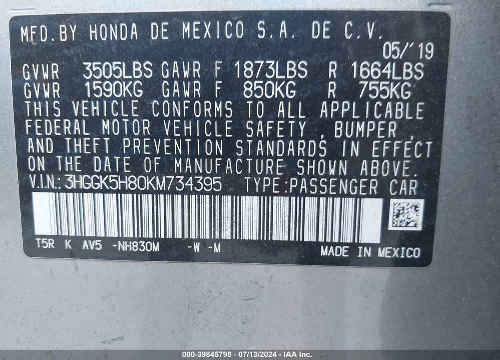 2019 HONDA FIT EX VIN: 3HGGK5H80KM734395