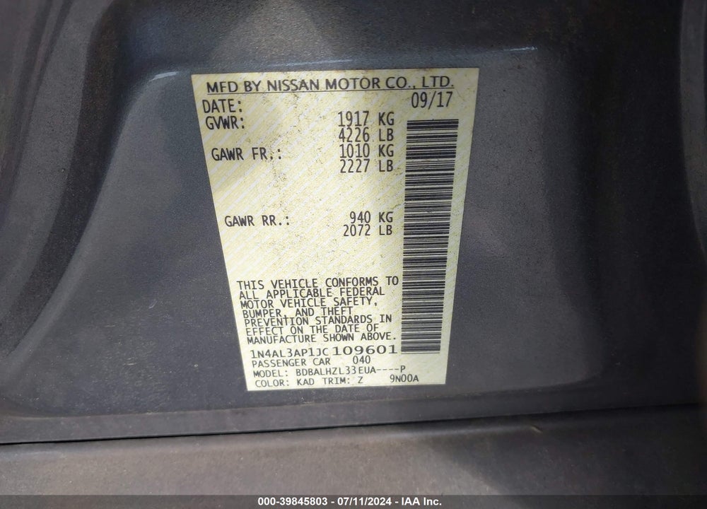 2018 NISSAN ALTIMA 2.5 SR VIN: 1N4AL3AP1JC109601