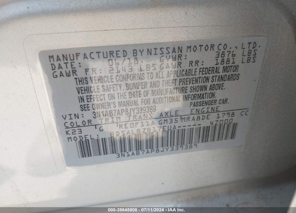 2018 NISSAN SENTRA S VIN: 3N1AB7AP8JY339389