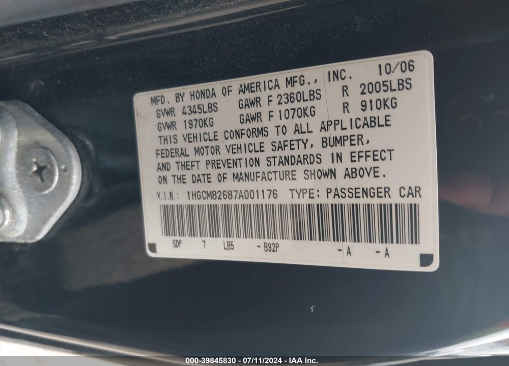 2007 HONDA ACCORD 3.0 EX VIN: 1HGCM82687A001176
