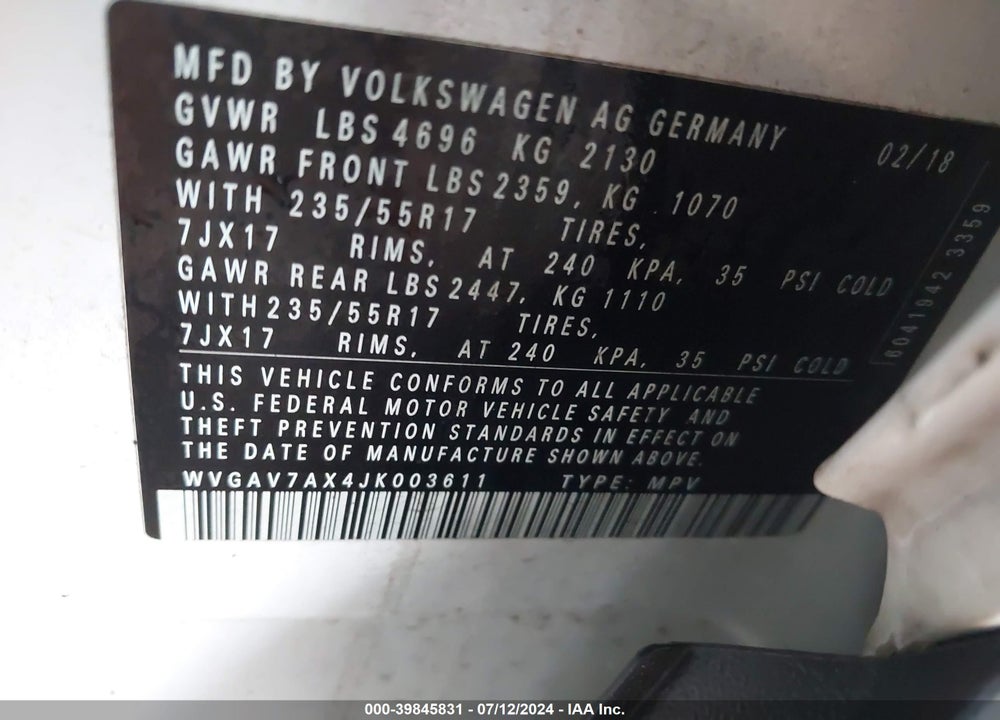 2018 VOLKSWAGEN TIGUAN LIMITED 2.0T VIN: WVGAV7AX4JK003611