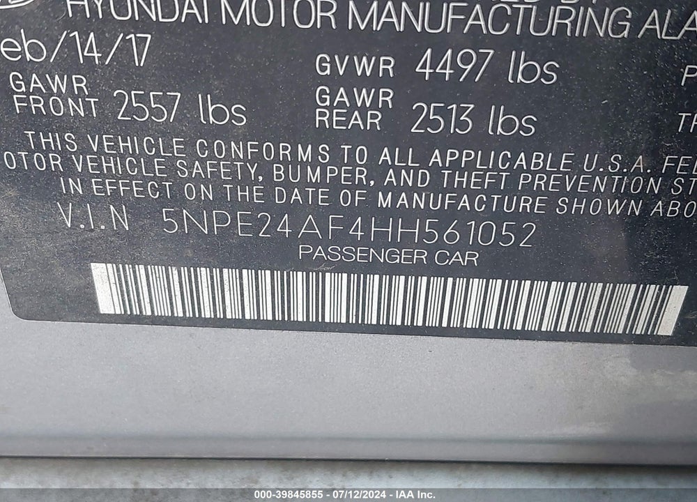 2017 HYUNDAI SONATA SE VIN: 5NPE24AF4HH561052
