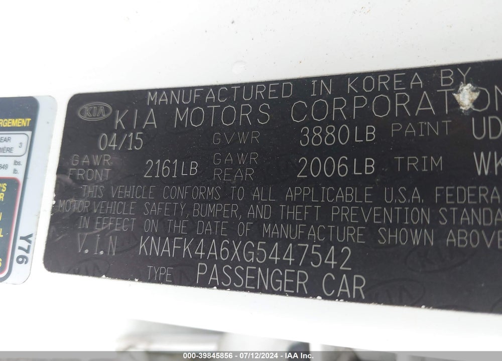 2016 KIA FORTE LX VIN: KNAFK4A6XG5447542