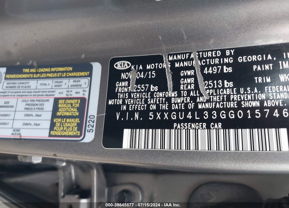 2016 KIA OPTIMA EX VIN: 5XXGU4L33GG015746