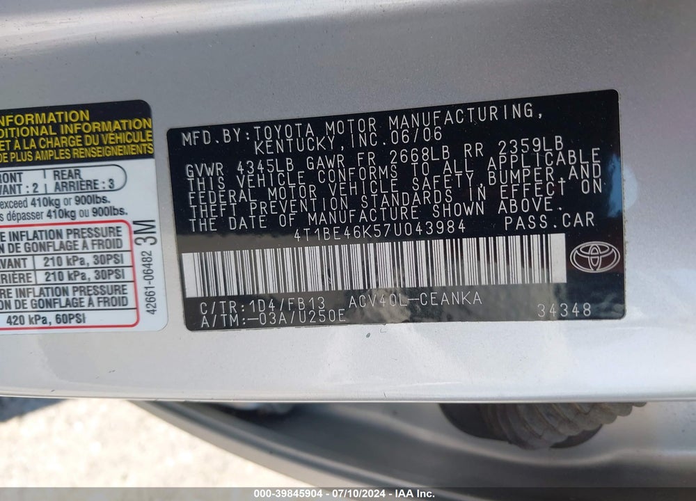 2007 TOYOTA CAMRY CE VIN: 4T1BE46K57U043984
