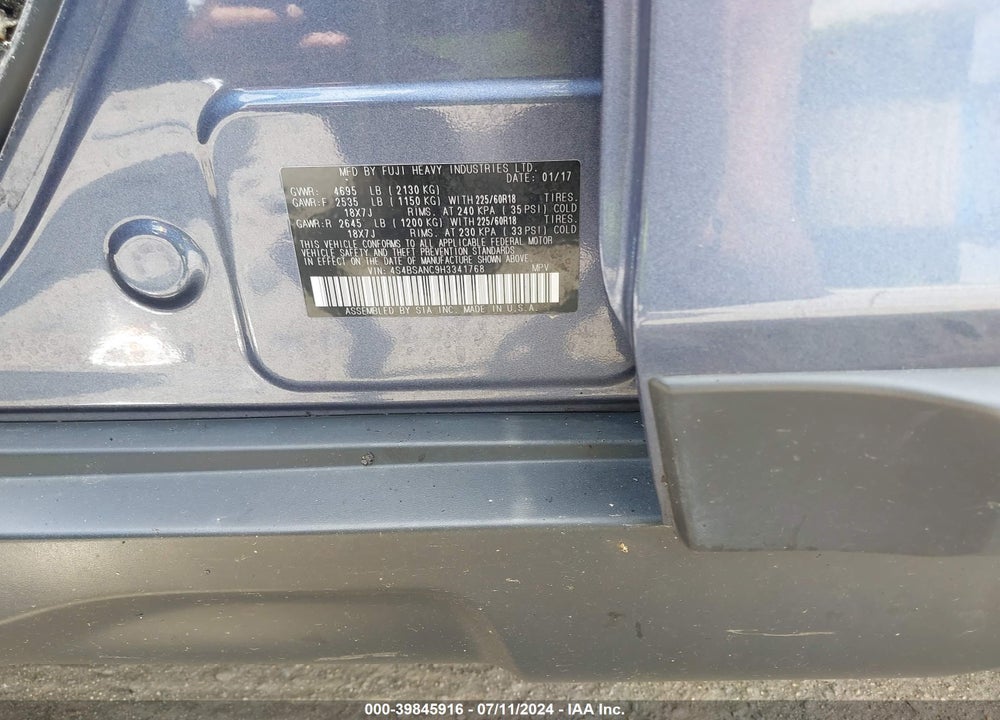 2017 SUBARU OUTBACK VIN: 4S4BSANC9H3341768