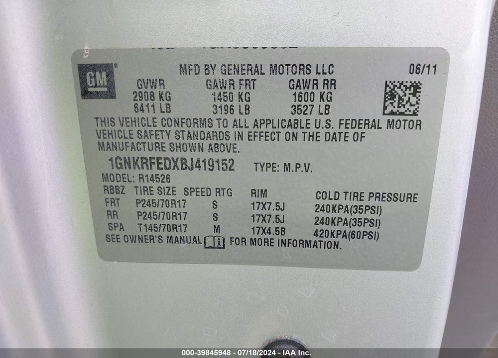 2011 CHEVROLET TRAVERSE LS VIN: 1GNKRFEDXBJ419152
