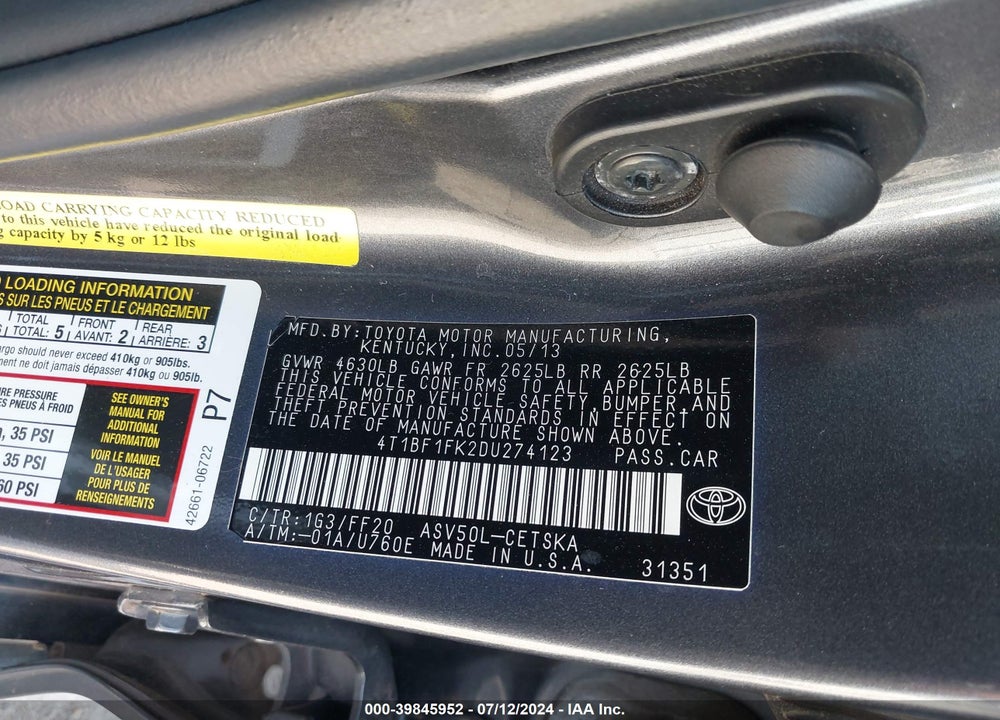 2013 TOYOTA CAMRY SE VIN: 4T1BF1FK2DU274123