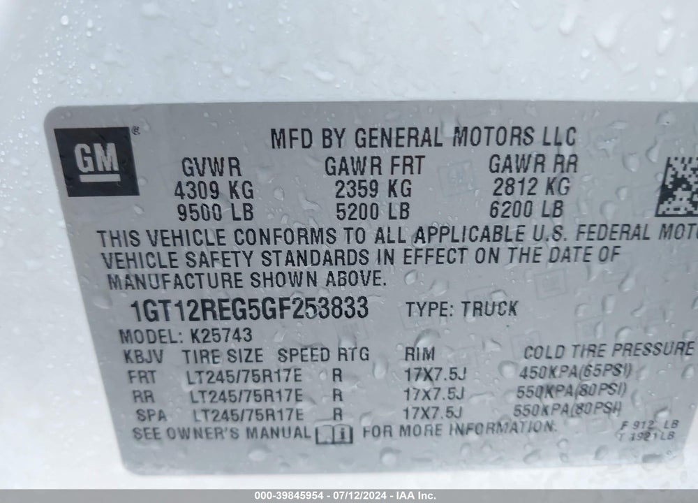 2016 GMC SIERRA 2500HD VIN: 1GT12REG5GF253833