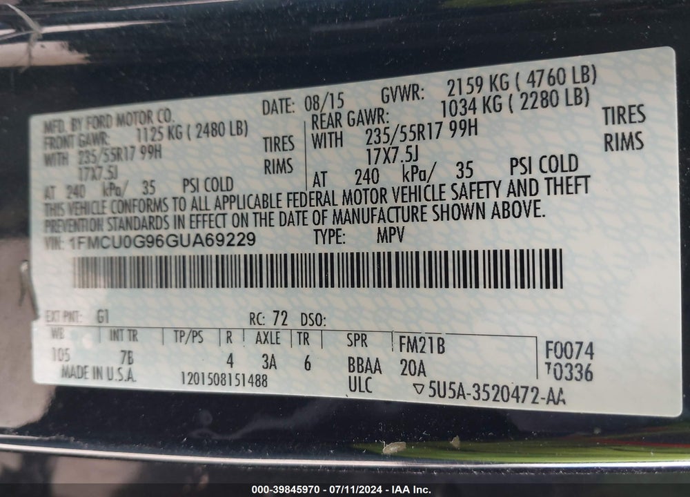 2016 FORD ESCAPE SE VIN: 1FMCU0G96GUA69229