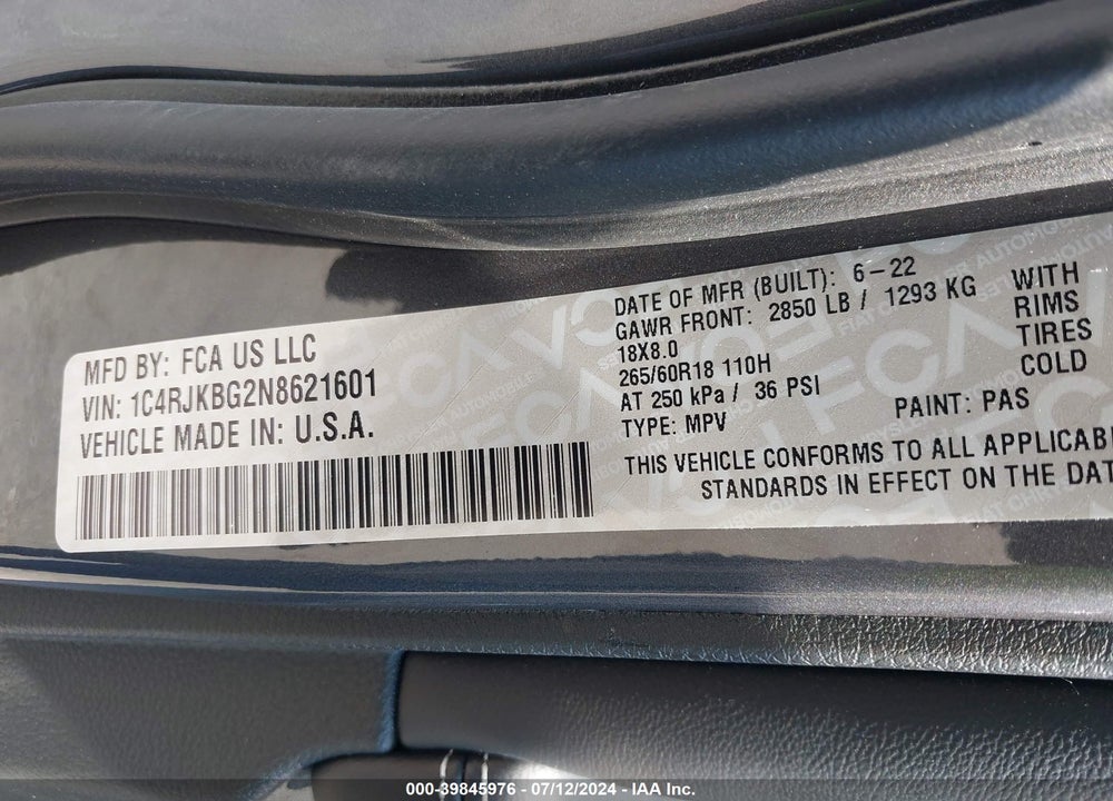 2022 JEEP GRAND CHEROKEE L LIMITED 4X4 VIN: 1C4RJKBG2N8621601