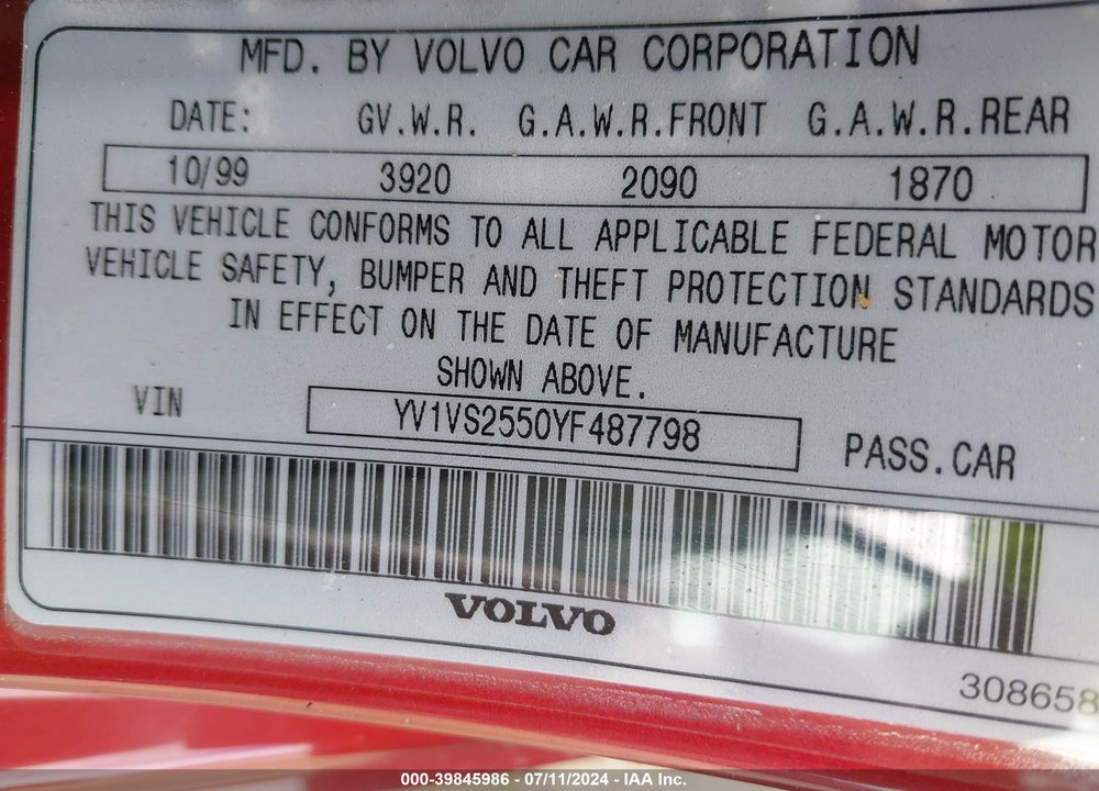2000 VOLVO S40 A/AS VIN: YV1VS2550YF487798