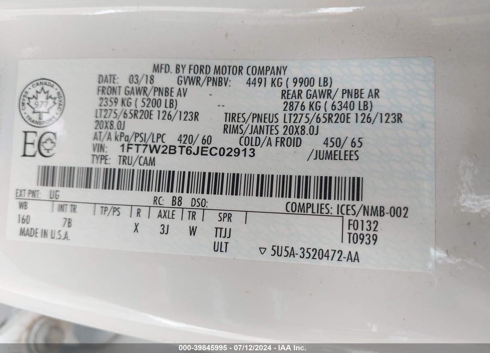 2018 FORD F-250 PLATINUM VIN: 1FT7W2BT6JEC02913