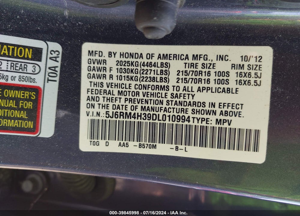 2013 HONDA CR-V VIN: 5J6RM4H39DL010994