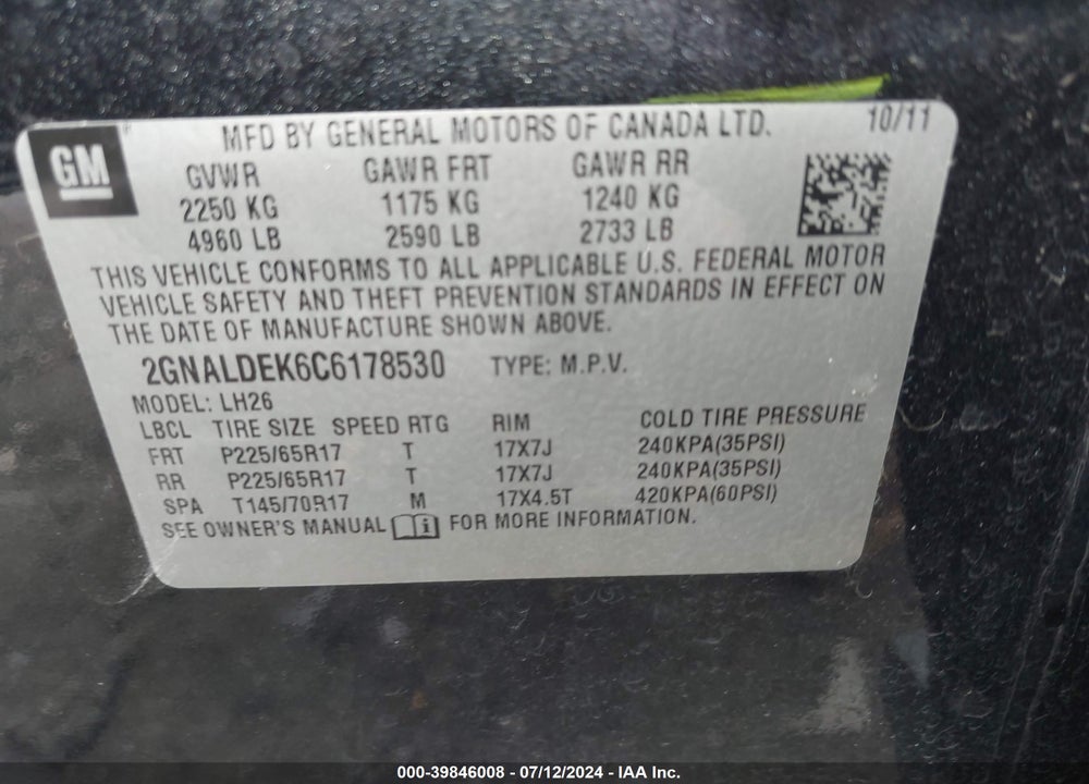 2012 CHEVROLET EQUINOX 1LT VIN: 2GNALDEK6C6178530