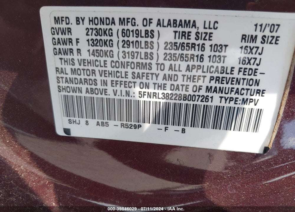 2008 HONDA ODYSSEY LX VIN: 5FNRL38228B007261