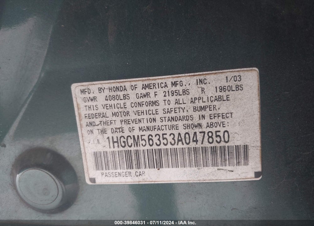 2003 HONDA ACCORD 2.4 LX VIN: 1HGCM56353A047850