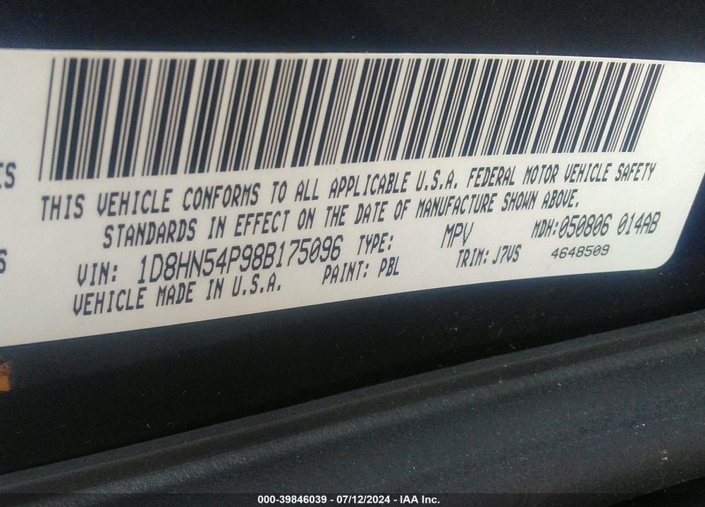 2008 DODGE GRAND CARAVAN SXT VIN: 1D8HN54P98B175096