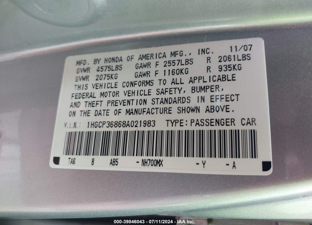2008 HONDA ACCORD VIN: 1HGCP36868A021983