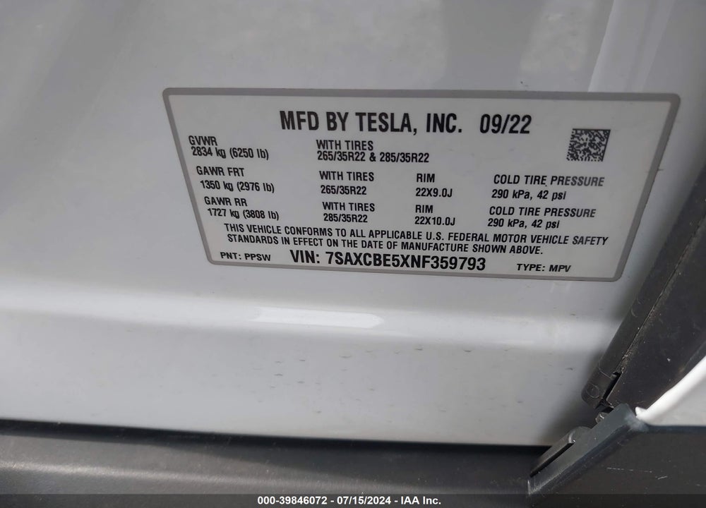 2022 TESLA MODEL X DUAL MOTOR ALL-WHEEL DRIVE VIN: 7SAXCBE5XNF359793