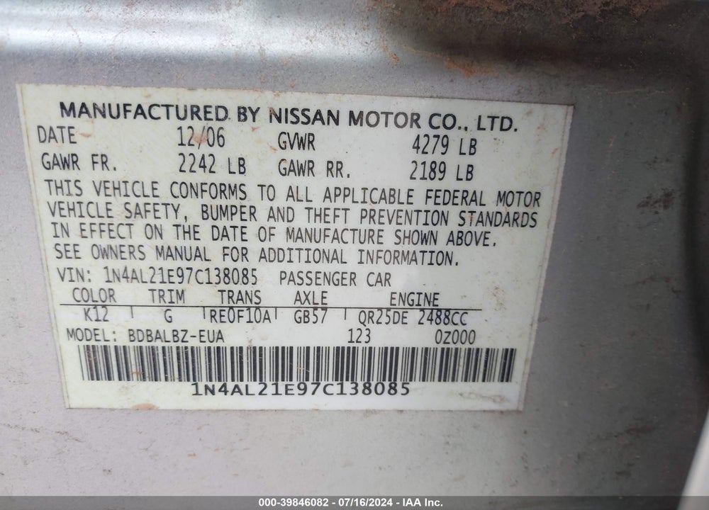 2007 NISSAN ALTIMA 2.5 S VIN: 1N4AL21E97C138085