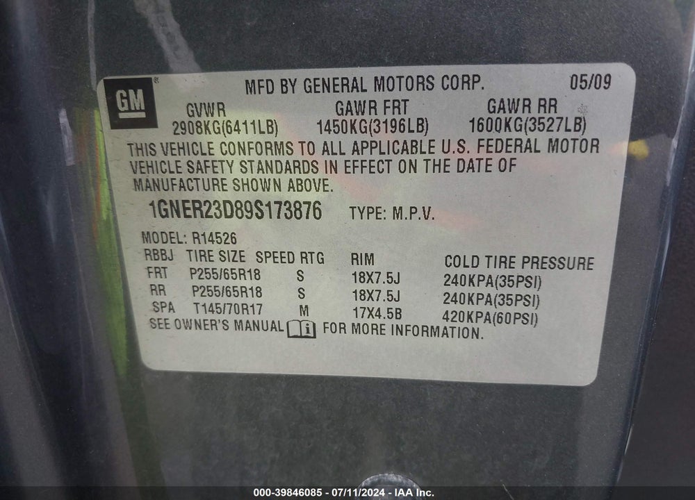 2009 CHEVROLET TRAVERSE LT VIN: 1GNER23D89S173876