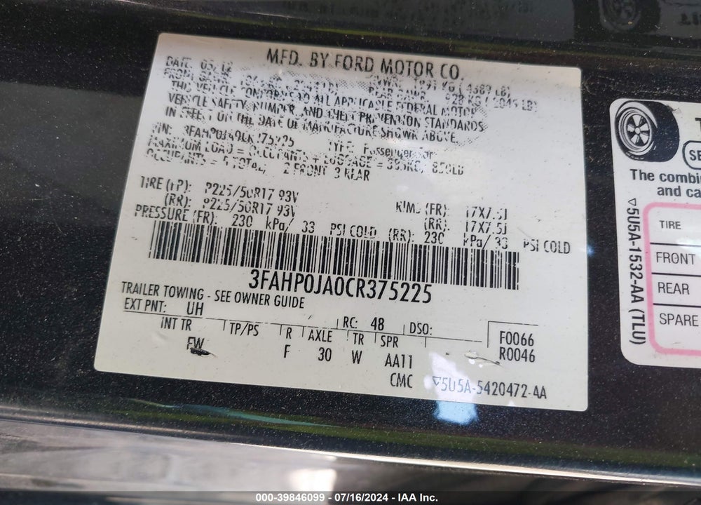 2012 FORD FUSION SEL VIN: 3FAHP0JA0CR375225