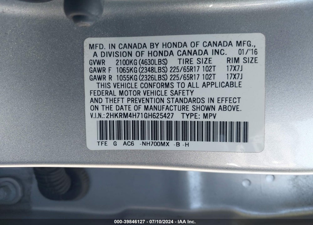 2016 HONDA CR-V EX-L VIN: 2HKRM4H71GH625427