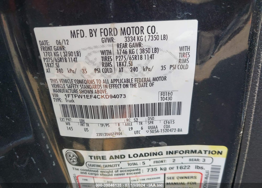2012 FORD F-150 XLT VIN: 1FTFW1EF4CKD94073