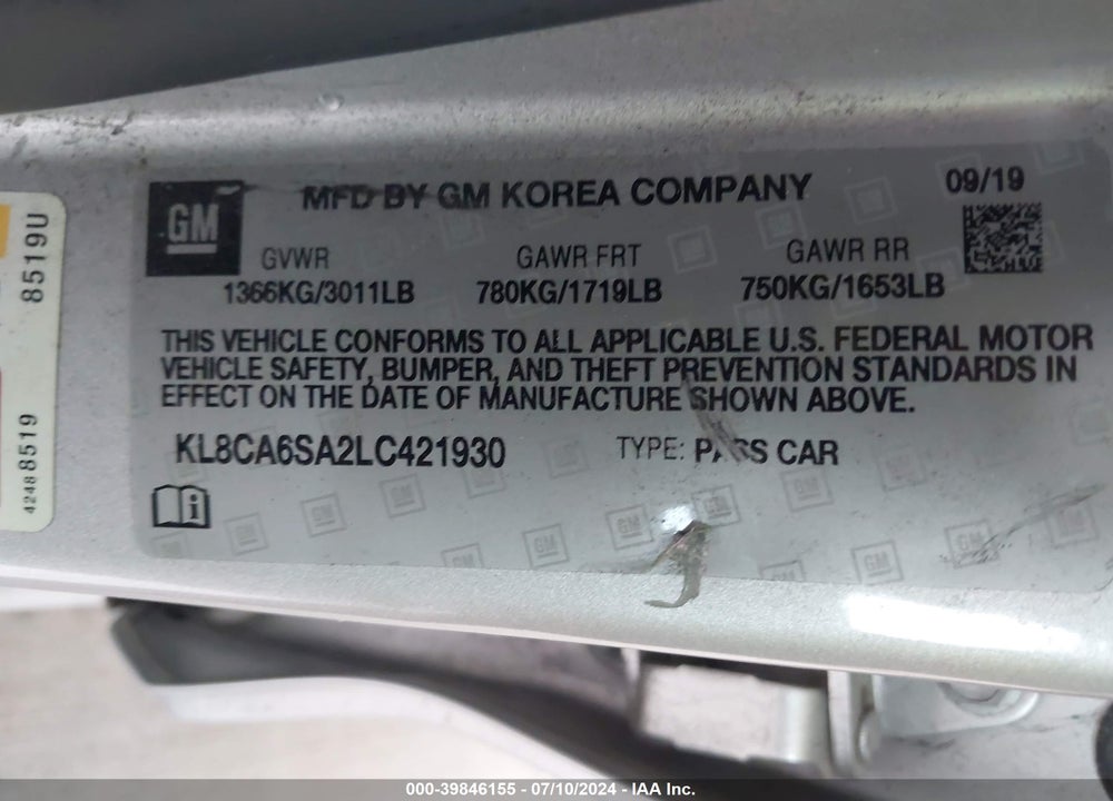2020 CHEVROLET SPARK FWD LS MANUAL VIN: KL8CA6SA2LC421930