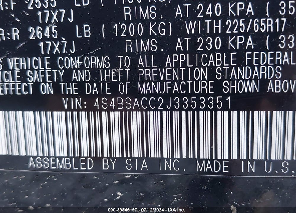 2018 SUBARU OUTBACK 2.5I PREMIUM VIN: 4S4BSACC2J3353351