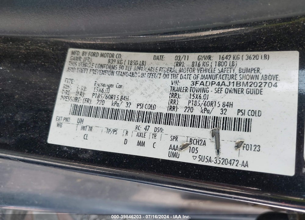 2011 FORD FIESTA S VIN: 3FADP4AJ1BM202704