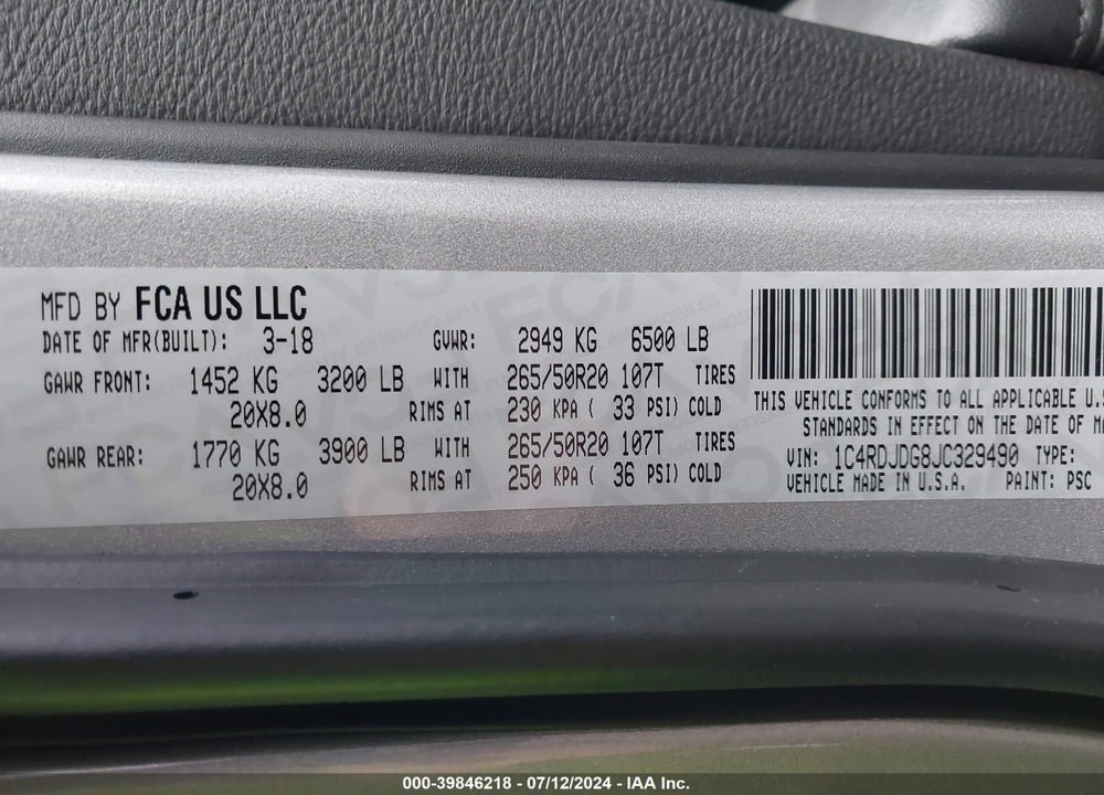2018 DODGE DURANGO VIN: 1C4RDJDG8JC329490