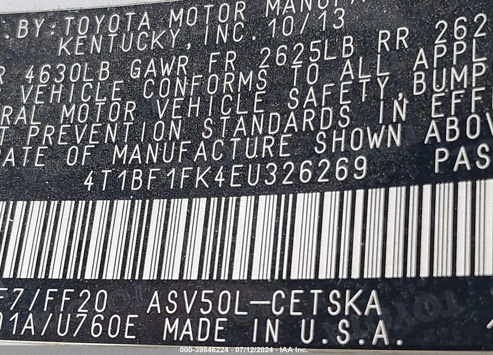 2014 TOYOTA CAMRY SE VIN: 4T1BF1FK4EU326269