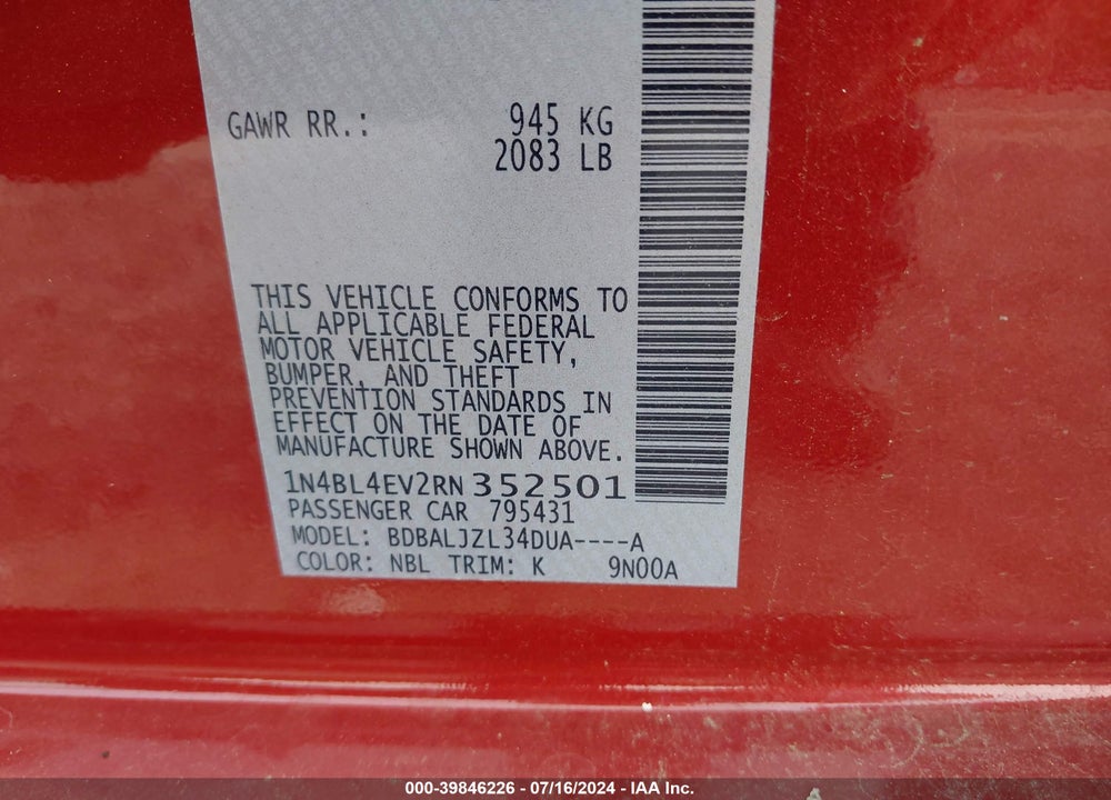 2024 NISSAN ALTIMA SL FWD VIN: 1N4BL4EV2RN352501