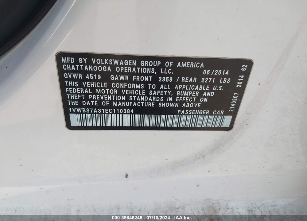 2014 VOLKSWAGEN PASSAT 1.8T SE VIN: 1VWBS7A31EC110384