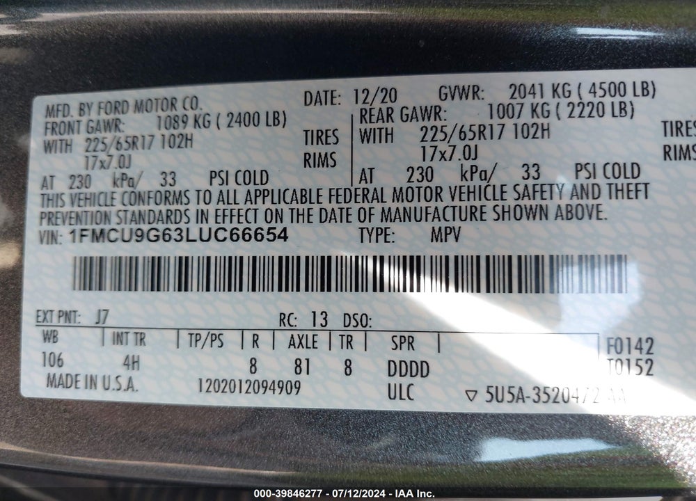 2020 FORD ESCAPE SE VIN: 1FMCU9G63LUC66654