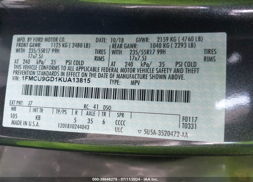 2019 FORD ESCAPE SE VIN: 1FMCU9GD1KUA13815