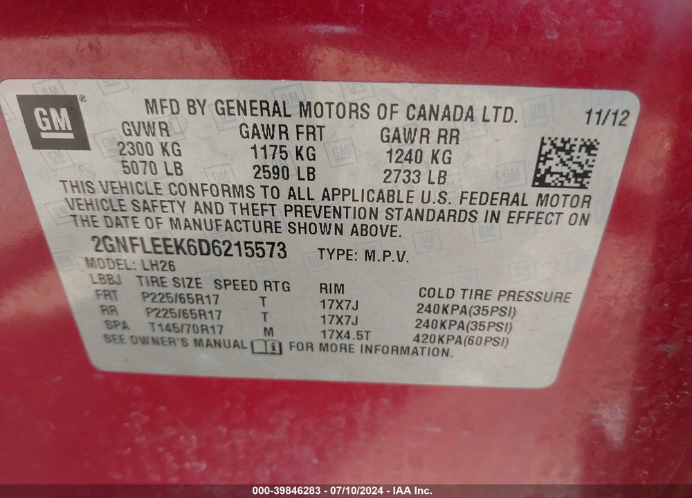 2013 CHEVROLET EQUINOX 1LT VIN: 2GNFLEEK6D6215573