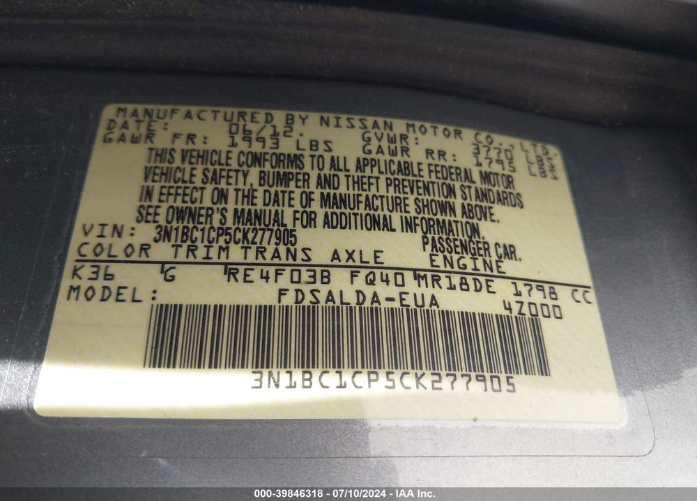 2012 NISSAN VERSA 1.8 S VIN: 3N1BC1CP5CK277905