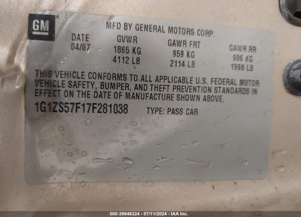 2007 CHEVROLET MALIBU LS VIN: 1G1ZS57F17F281038