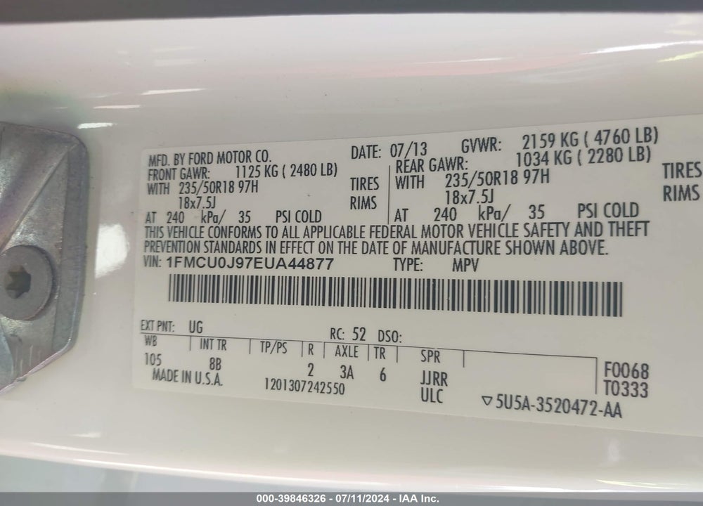 2014 FORD ESCAPE TITANIUM VIN: 1FMCU0J97EUA44877
