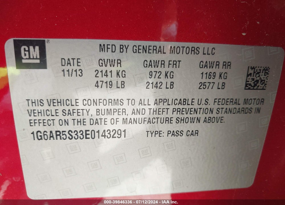 2014 CADILLAC CTS LUXURY VIN: 1G6AR5S33E0143291