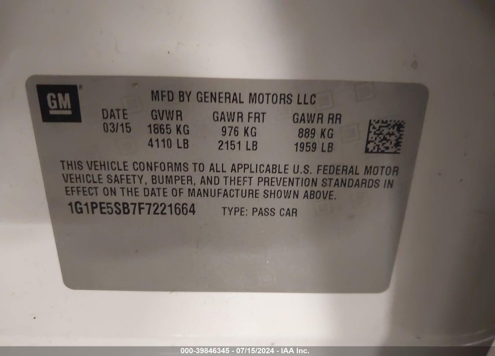 2015 CHEVROLET CRUZE 2LT AUTO VIN: 1G1PE5SB7F7221664