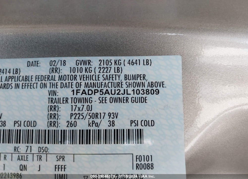 2018 FORD C-MAX HYBRID SE VIN: 1FADP5AU2JL103809