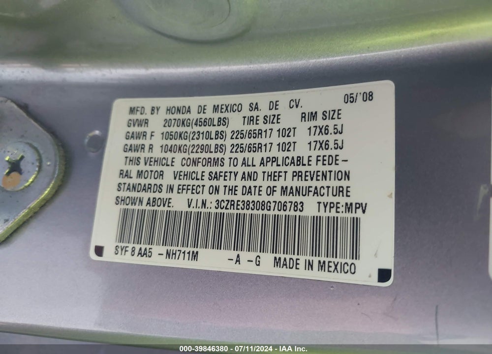 2008 HONDA CR-V LX VIN: 3CZRE38308G706783
