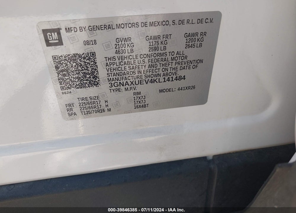 2019 CHEVROLET EQUINOX LT VIN: 3GNAXUEV4KL141484